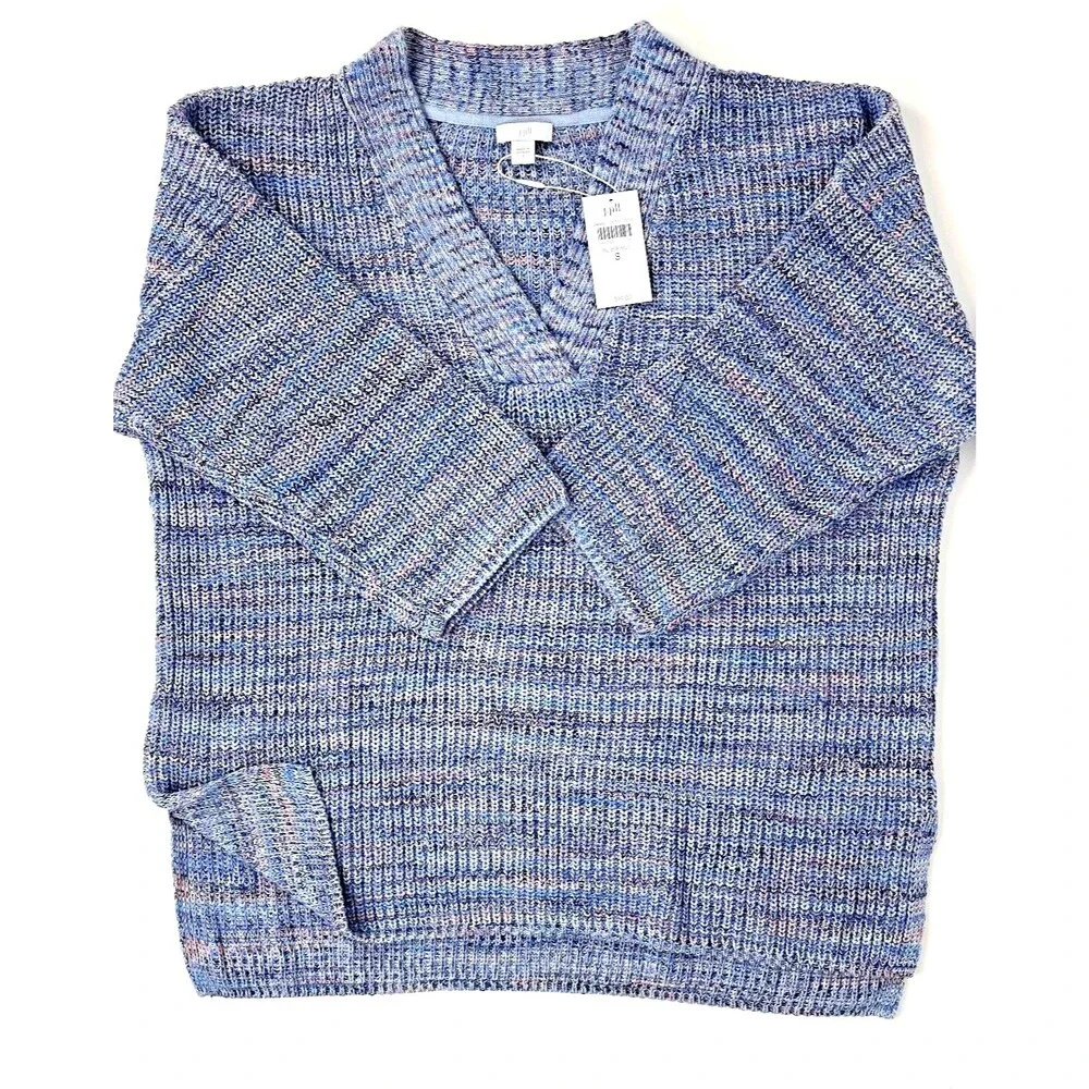 J. Jill V-Neck 3/4 Sleeve Knit Sweater Soft Cotton Blue Purple NWT Women's S A2